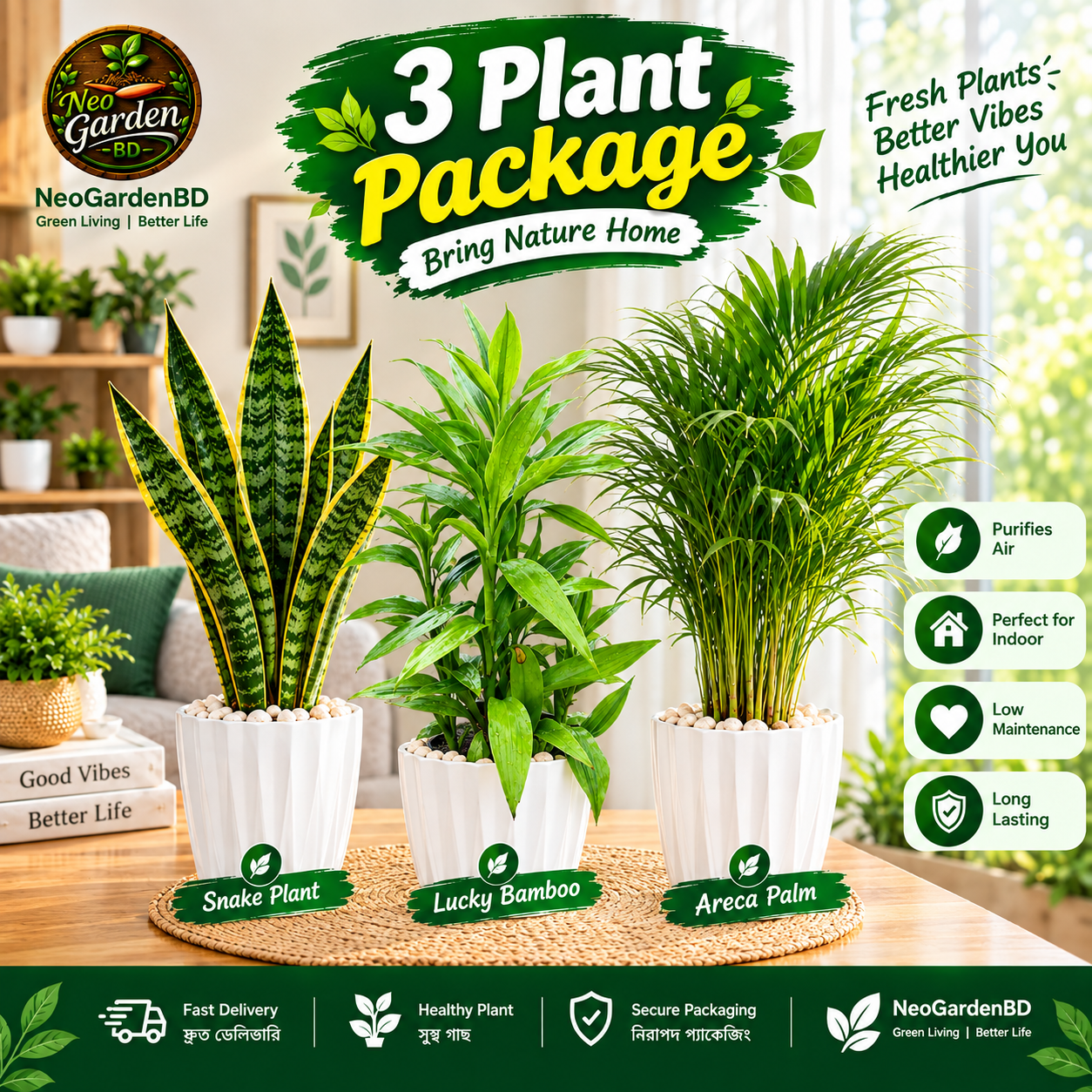 3 plant combo package (snake plant, lucky bamboo & areca palm) 3 plant combo package (snake plant, lucky bamboo & areca palm)